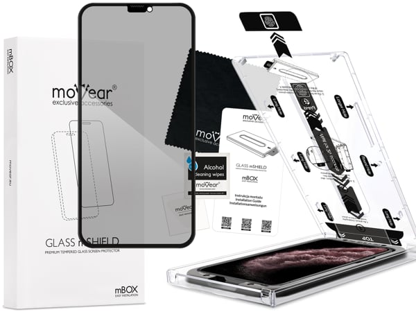 Contents of the moVear mBOX GLASS mSHIELD 2.5D MAX privacy for iPhone 11 Pro Max / iPhone Xs MAX What is included in the original moVear mBOX GLASS mSHIELD 2.5D MAX privacy glass packaging for Apple iPhone 11 Pro Max / Xs MAX: