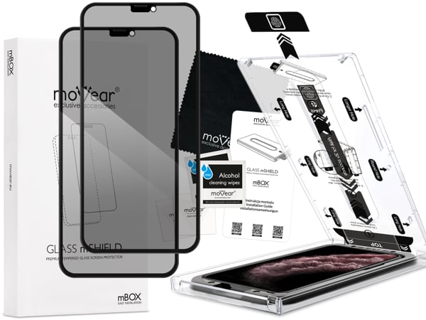 Contents of the moVear mBOX GLASS mSHIELD 2.5D MAX privacy for Apple iPhone 11 Pro Max / Xs MAX (6.5 What is included in the original moVear mBOX GLASS mSHIELD 2.5D MAX privacy glass packaging for Apple iPhone 11 Pro Max / Xs MAX (6.5