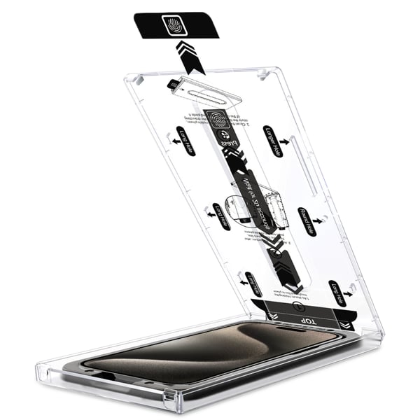 Einfache Montage des moVear-Glases an iPhone 15 Pro mit dem mBOX-Installationssystem Präzise Glaspositionierung - moVear mBOX-System für iPhone 15 Pro (6.1