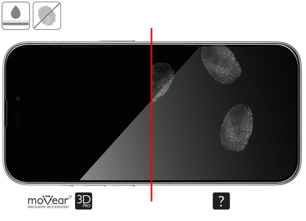 Vorteile der oleophoben Oberfläche des Schutzglases moVear mBOX GLASS mSHIELD 3D PRO privacy für Apple iPhone 15 Pro Oleophobe Beschichtung auf mattem gehärtetem Glas moVear mBOX GLASS mSHIELD 3D PRO privacy für Apple iPhone 15 Pro z ekranem o przekątnej 6.1 cala