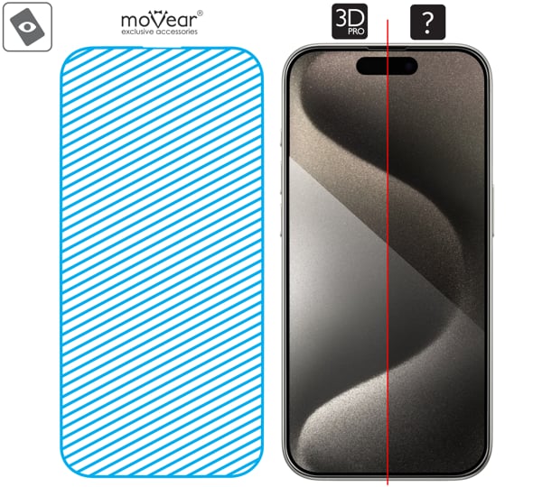 Fläche der Glasoberfläche mARG™ moVear mBOX GLASS mSHIELD 3D PRO privacy für iPhone 15 Pro Echtes Glas in mARG ™ -Technologie bedeckt die gesamte Oberfläche des moVear mBOX GLASS mSHIELD 3D PRO privacy-Schutzes für Apple iPhone 15 Pro.