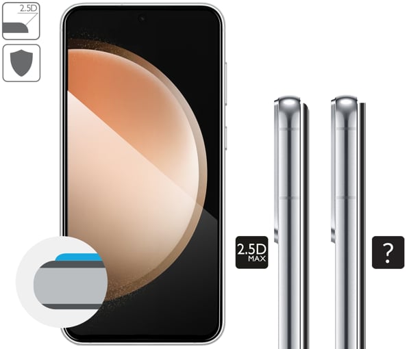 Grafische Beschreibung der 2.5D MAX Kante von moVear gehärtetem Glas GLASS mSHIELD 2.5D MAX für Samsung Galaxy S23 FE (G990) Abgerundete Sicherheitskanten 2.5D aus moVear mSHIELD 2.5D MAX Glas für Samsung Galaxy S23 FE (6.4