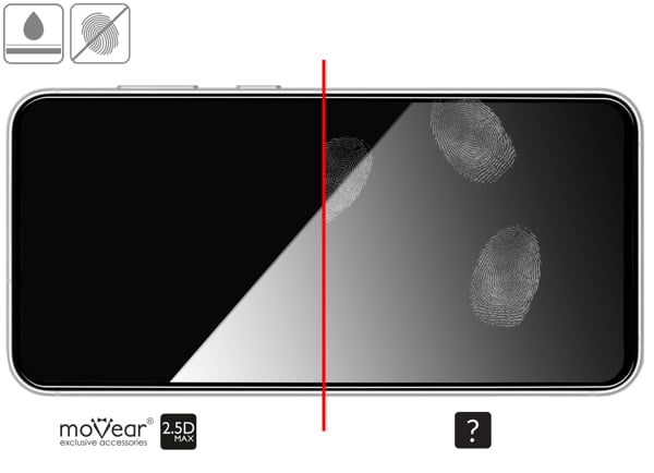 Vorteile der oleophoben Oberfläche des Schutzglases moVear GLASS mSHIELD 2.5D MAX für Galaxy S23 FE Oleophobe Beschichtung auf gehärtetem Glas moVear GLASS mSHIELD 2.5D MAX für Samsung Galaxy S23 FE z ekranem o przekątnej 6.4 cala