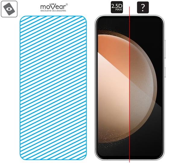 Fläche der Glasoberfläche mARG™ moVear GLASS mSHIELD 2.5D MAX für Samsung Galaxy S23 FE (6.4 Echtes Glas in mARG ™ -Technologie bedeckt die gesamte Oberfläche des moVear GLASS mSHIELD 2.5D MAX-Schutzes für Samsung S23 FE.