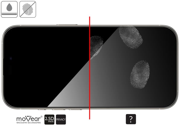 Advantages of the oleophobic surface of the protective glass moVear mBOX GLASS mSHIELD 2.5D MAX privacy for Apple iPhone 17/16 Pro / 17 (6.3 Oleophobic coating on matt tempered glass moVear mBOX GLASS mSHIELD 2.5D MAX privacy for Apple iPhone 17 Pro / 17 / 16 Pro z ekranem o przekątnej 6.3 cala