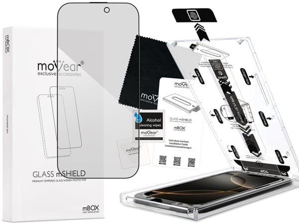 Contents of the moVear mBOX GLASS mSHIELD 2.5D MAX privacy for Apple iPhone 17 Pro / 17 / 16 Pro (6.3 What is included in the original moVear mBOX GLASS mSHIELD 2.5D MAX privacy glass packaging for Apple iPhone 17 Pro / 17 / 16 Pro (6.3