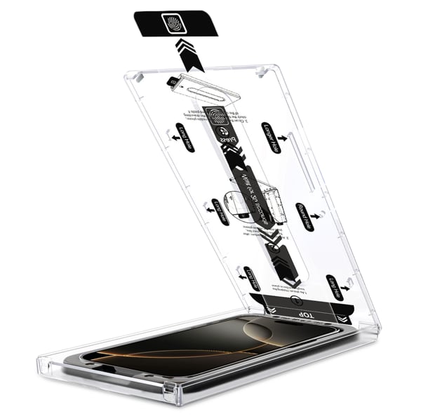 Easy assembly of the moVear glass to Apple iPhone 17 Pro / 17 / 16 Pro with the mBOX installation system Precise Glass Positioning - moVear mBOX System for Apple iPhone 17 Pro / 17 / 16 Pro