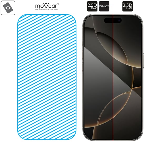 Area of the glass surface mARG™ moVear mBOX GLASS mSHIELD 2.5D MAX privacy for Apple iPhone 17 Pro / 17 / 16 Pro (6.3 Real glass in mARG™ technology is covers entire surface of the moVear mBOX GLASS mSHIELD 2.5D MAX privacy protector for Apple iPhone 17/16 Pro / 17.
