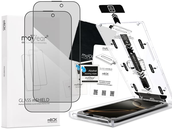 Contents of the moVear mBOX GLASS mSHIELD 2.5D MAX privacy for Apple iPhone 17 Pro / 17 / 16 Pro (6.3 What is included in the original moVear mBOX GLASS mSHIELD 2.5D MAX privacy glass packaging for Apple iPhone 17 Pro / 17 / 16 Pro (6.3