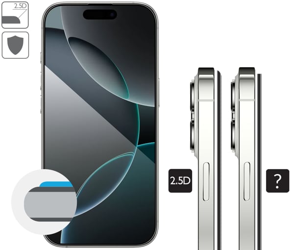 Graphic description of the 2.5D MAX edge of moVear tempered glass mBOX GLASS mSHIELD 2.5D MAX privacy for Apple iPhone 17 /16 Pro Max Rounded safety edges 2.5D of moVear mBOX mSHIELD 2.5D MAX privacy glass for Apple iPhone 17 Pro Max / 16 Pro Max.