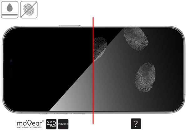 Advantages of the oleophobic surface of the protective glass moVear mBOX GLASS mSHIELD 2.5D MAX privacy for Apple iPhone 17 Pro Max / 16 Pro Max Oleophobic coating on matt tempered glass moVear mBOX GLASS mSHIELD 2.5D MAX privacy for Apple iPhone 17 Pro Max / 16 Pro Max z ekranem o przekątnej 6.9 cala