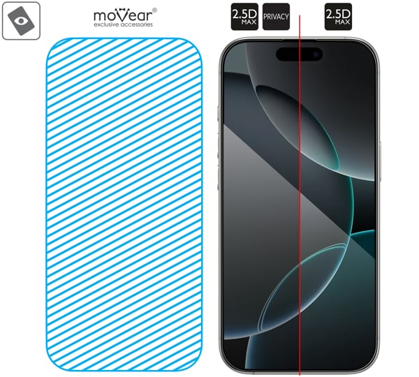 Area of the glass surface mARG™ moVear mBOX GLASS mSHIELD 2.5D MAX privacy for Apple iPhone 17 Pro Max / 16 Pro Max Real glass in mARG™ technology is covers entire surface of the moVear mBOX GLASS mSHIELD 2.5D MAX privacy protector for Apple iPhone 17 Pro Max / 16 Pro Max.