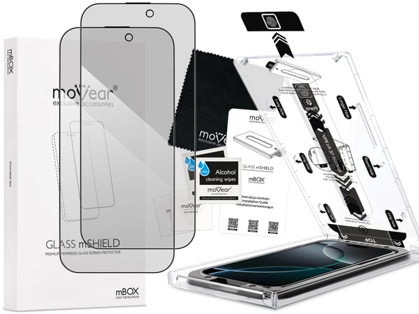 Contents of the moVear mBOX GLASS mSHIELD 2.5D MAX privacy for Apple iPhone 17 Pro Max / 16 Pro Max (6.9 What is included in the original moVear mBOX GLASS mSHIELD 2.5D MAX privacy glass packaging for Apple iPhone 17 Pro Max / 16 Pro Max: