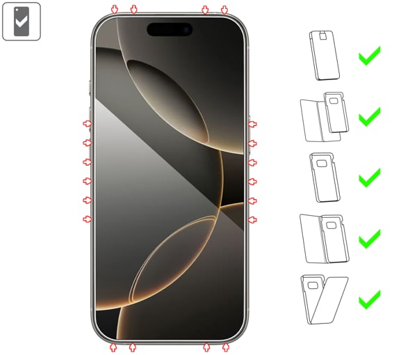 Do jakich typów etui pasuje moVear mBOX GLASS mSHIELD 2.5D na Apple iPhone 17 Pro / 17 / 16 Pro mBOX GLASS mSHIELD 2.5D na Apple iPhone 17 Pro / 17 / 16 Pro umożliwia użytkowanie z większoscią etui. Zastosuj etui aby jeszcze lepiej ochronić smartfon przed uszkodzeniami.