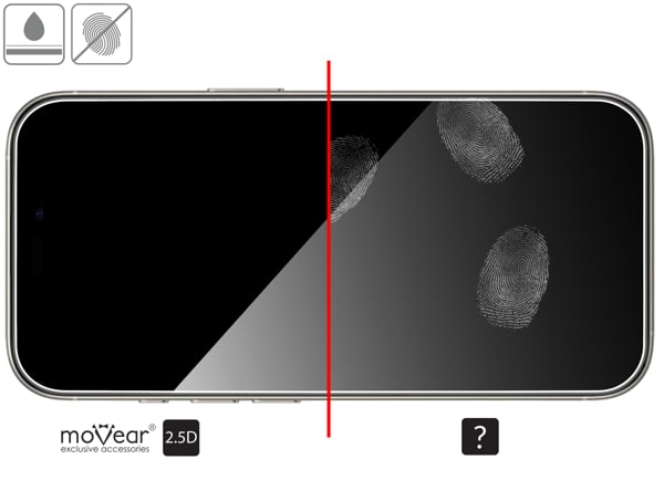 Zalety powierzchni oleofobowej szkła ochronnego moVear mBOX GLASS mSHIELD 2.5D na Apple iPhone 17 Pro / 17 / 16 Pro (6.3 Powłoka oleofobowa na matowym szkle hartowanym moVear mBOX GLASS mSHIELD 2.5D do Apple iPhone 17 Pro / 17 / 16 Pro z ekranem o przekątnej 6.3 cala