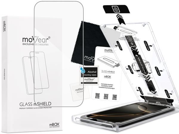 Zawartość zestawu moVear mBOX GLASS mSHIELD 2.5D na Apple iPhone 17 Pro / 17 / 16 Pro Co zawiera oryginalne opakowanie szkła moVear mBOX GLASS mSHIELD 2.5D do Apple iPhone 17/16 Pro / 17: