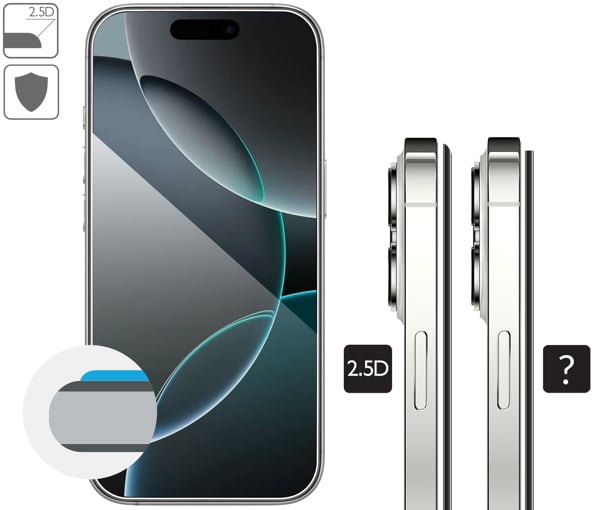 Graphic description of the 2.5D edge of moVear tempered glass mBOX GLASS mSHIELD 2.5D for Apple iPhone 17 /16 Pro Max Rounded safety edges 2.5D of moVear glass for Apple iPhone 17 Pro Max / 16 Pro Max.