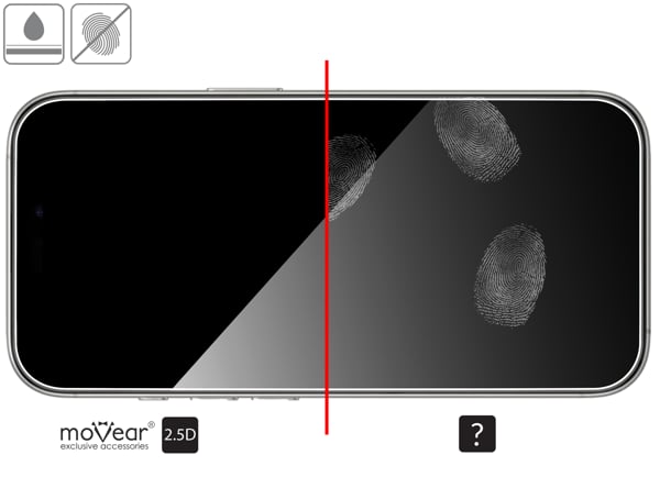 Advantages of the oleophobic surface of the protective glass moVear mBOX GLASS mSHIELD 2.5D for Apple iPhone 17 Pro Max / 16 Pro Max (6.9 Oleophobic coating on matt tempered glass moVear mBOX GLASS mSHIELD 2.5D for Apple iPhone 17 Pro Max / 16 Pro Max z ekranem o przekątnej 6.9 cala