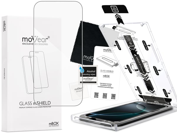Contents of the moVear mBOX GLASS mSHIELD 2.5D for Apple iPhone 17 Pro Max / 16 Pro Max What is included in the original moVear mBOX GLASS mSHIELD 2.5D glass packaging for Apple iPhone 17 Pro Max / 16 Pro Max: